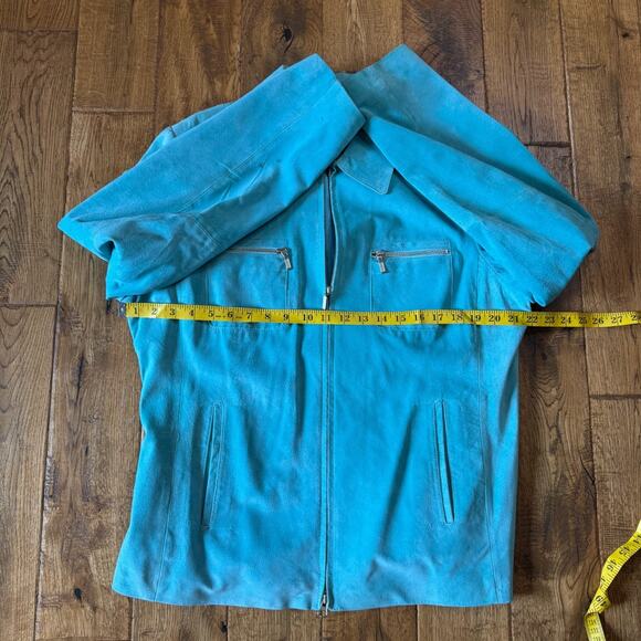 VTG Y2K Zip Front Suede Leather Jacket Women's XL Aqua Blue Saguaro Collared - Picture 6 of 8